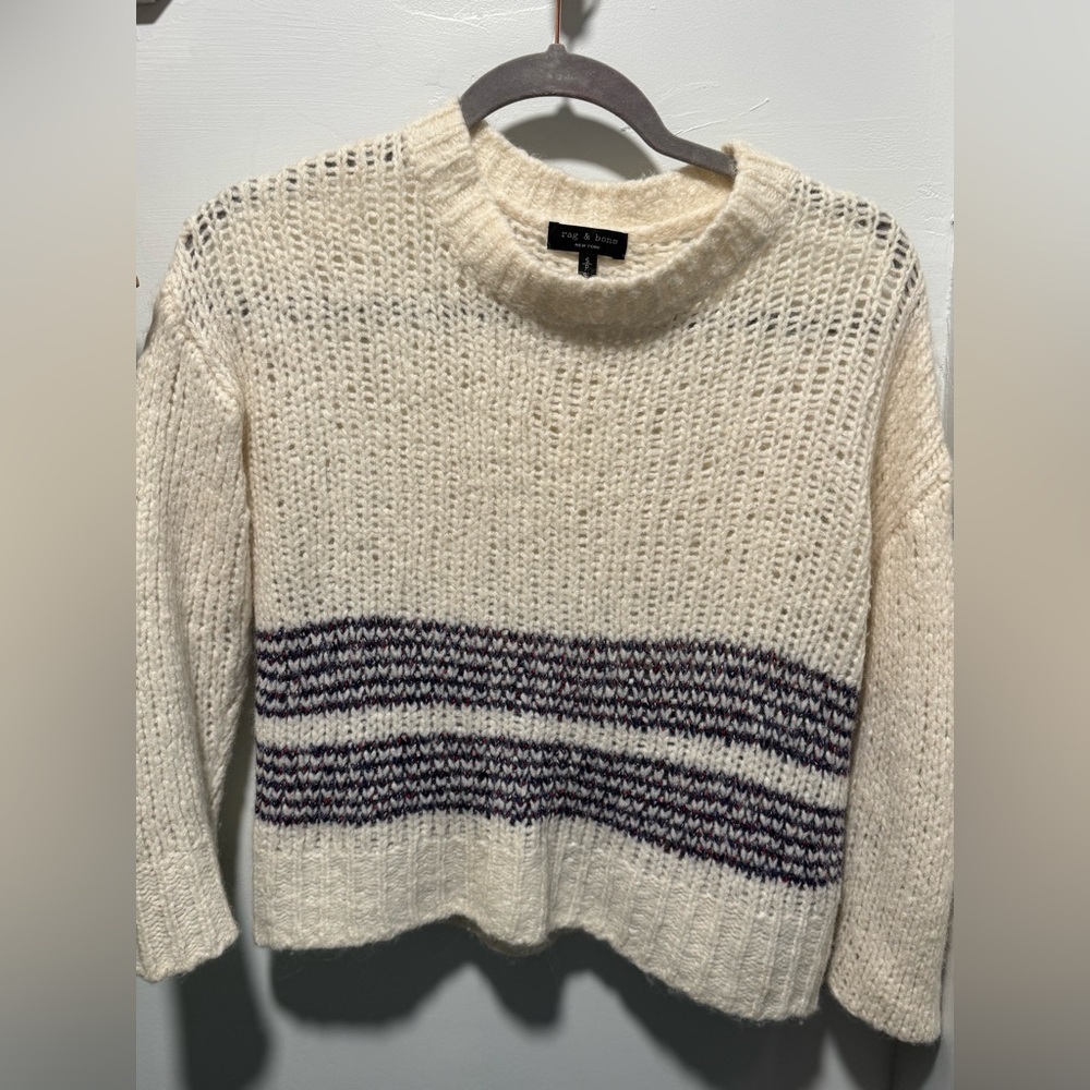 Rag & Bone Cream and Navy Crew Slight Crop Sweater